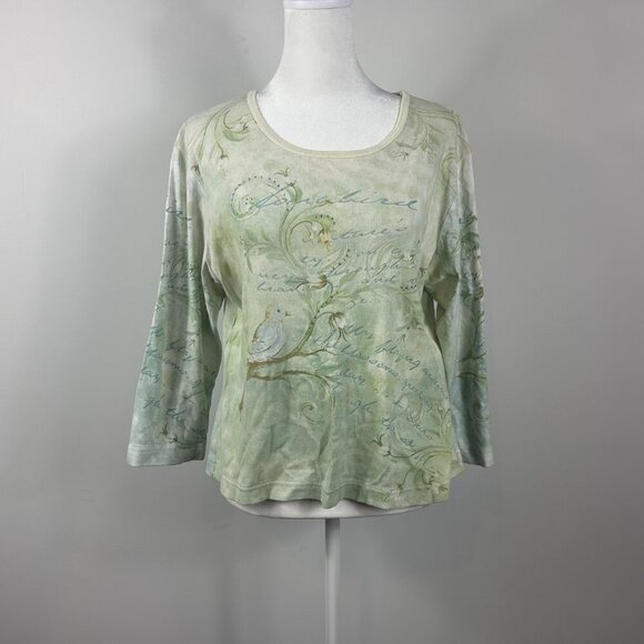 Studio Collection Pastel Green Y2K 3/4 Sleeve Rhinestone Shirt Women’s Size L - Picture 6 of 7